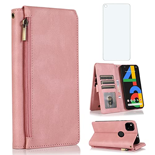 Asuwish Compatible with Google Pixel 4a 4G Wallet Case Tempered Glass Screen Protector and Zipper Leather Flip Cover Card Holder Stand Cell Accessories for Pixel4a Pixle a4 5.8 2020 Women Rose Gold