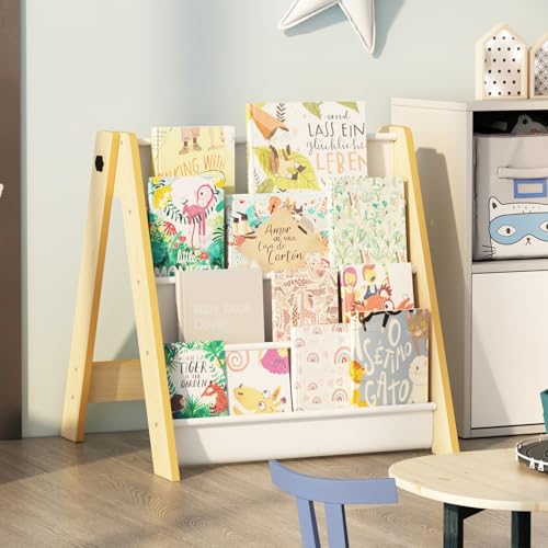 Image of NACHES 4-Tier Foldable Kids Bookshelf, Large Capacity Montessori Sling Bookcase with 4 Deep Fabric Pockets, Magazine and Book Storage Rack for Nursery, Kids Room, Bedroom, Playroom (Burlywood)