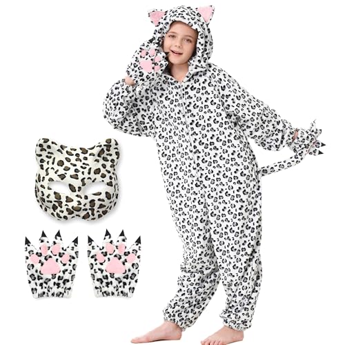 Ezuwail Combinaison Léopard des Neiges Enfants Pyjama Guépard Déguisement Animal Cosplay Carnaval Costume pour Filles Garçons (Blanc, 130)