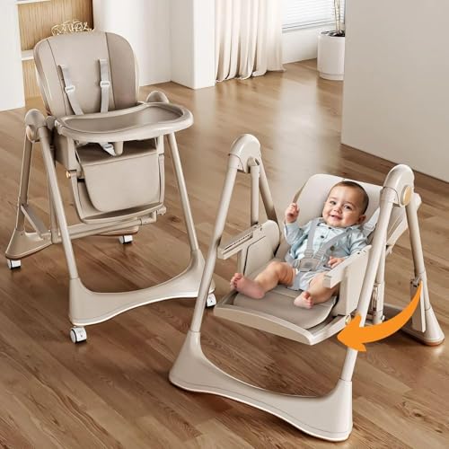 Image of Baybee Nivio 3-in-1 Convertible High Chair for Kids Adjustable Baby Feeding Chair with Swing, Recline, Detachable Tray, 5-Point Harness, Foldable Design, Multi-Height & Footrest Settings 6 Months to 5 Years Kids (Beige)