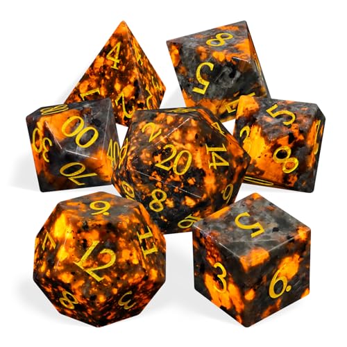LUCKY-M Natural Flame Yooperlite Gemstone DND Dice, Birthday Gifts for Him, 7PCS Dungeons and Dragons Dice Set with Case for RPG, Handmade Cool Dice Sets D&D