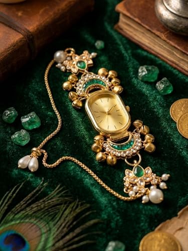 Image of Kashmiri Women's Bracelet Watch, Gold Tone, Oval Dial, Green Stone Charm with Pearl Pendant, Ethnic Style