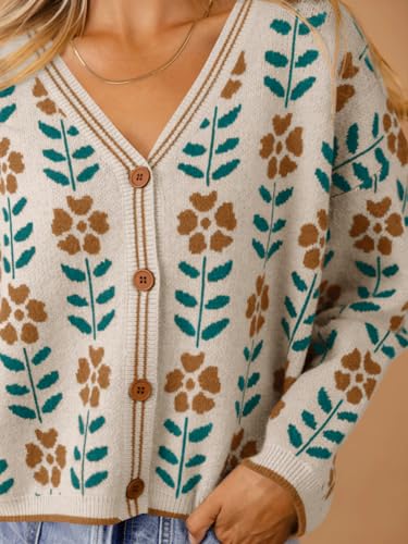 Saodimallsu Womens Floral Print V Neck Cardigan Open Front Button Down Knit Sweater Long Sleeve Loose Fashion Tops4