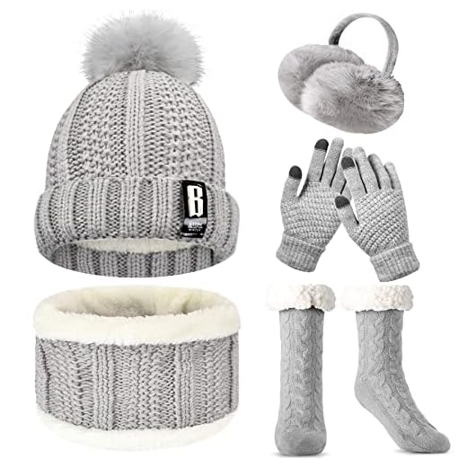 WEASIC Conjunto Bufanda y Gorro y Guantes MujerAntideslizantes Calcetines Mujer Gorro Invierno Mujer Invierno Regalos Navidad Mujer Orejeras Invierno Mujer Guantes Tactiles Mujer - Gris