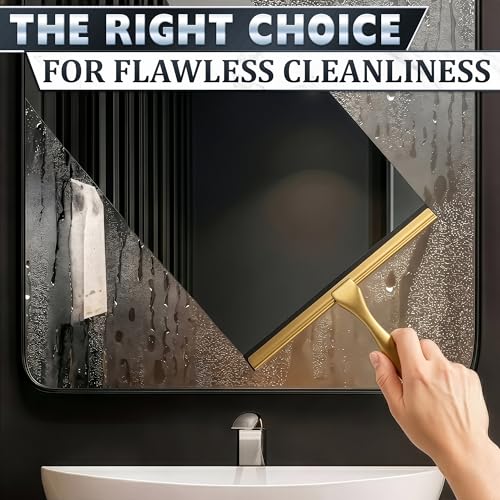 Image of Shower Door Squeegee with Hook - 10 inch Silicone Blade, Stainless Steel Gold Squeegee for Shower Glass with Adhesive Mount - All-Purpose Bathroom Tile, Mirror, & Window Wiper for Streak-Free Cleaning