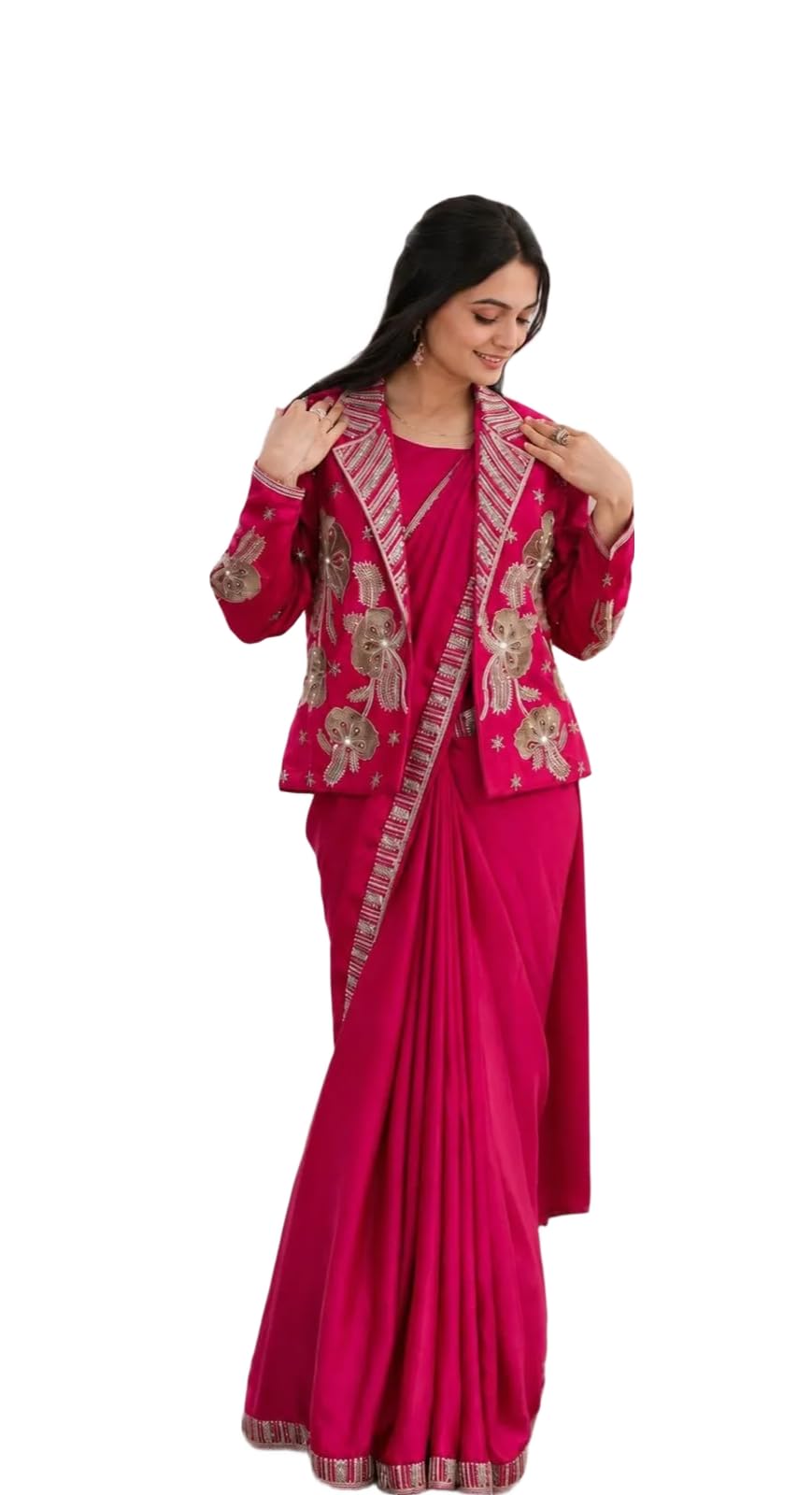 Women Crepe Satin Saree with Embroidered Koti and Blouse | Designer Ethnic Outfit | Fully Stitched-image-31