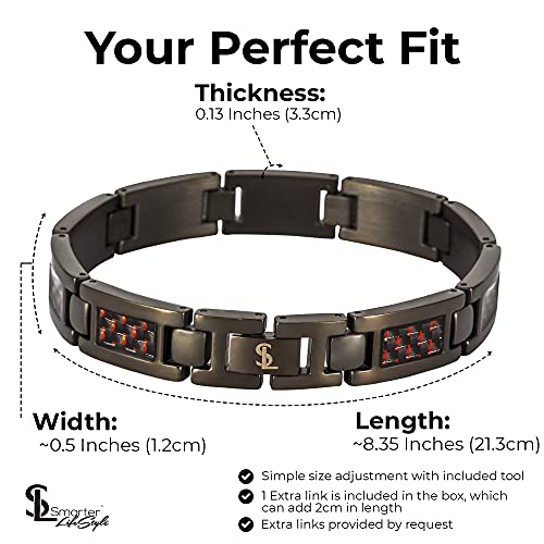 Smarter Lifestyle Elegant Surgical Grade Steel Carbon Fiber Mens Bracelet – Adjustable Many Color Options, Mens Jewelry Bracelet For Men (Gunmetal Bracelet, Red Carbon Fiber) #TOP3