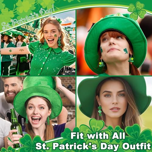 St Patricks Day Earrings & Tattoos for Women, 3 Pairs Irish Earrings + Shamrock Temporary Tattoos for Irish Festival Party Celebration, Green Saint Patricks Day Shirt & Outfits Accessories for Adults - Image 4