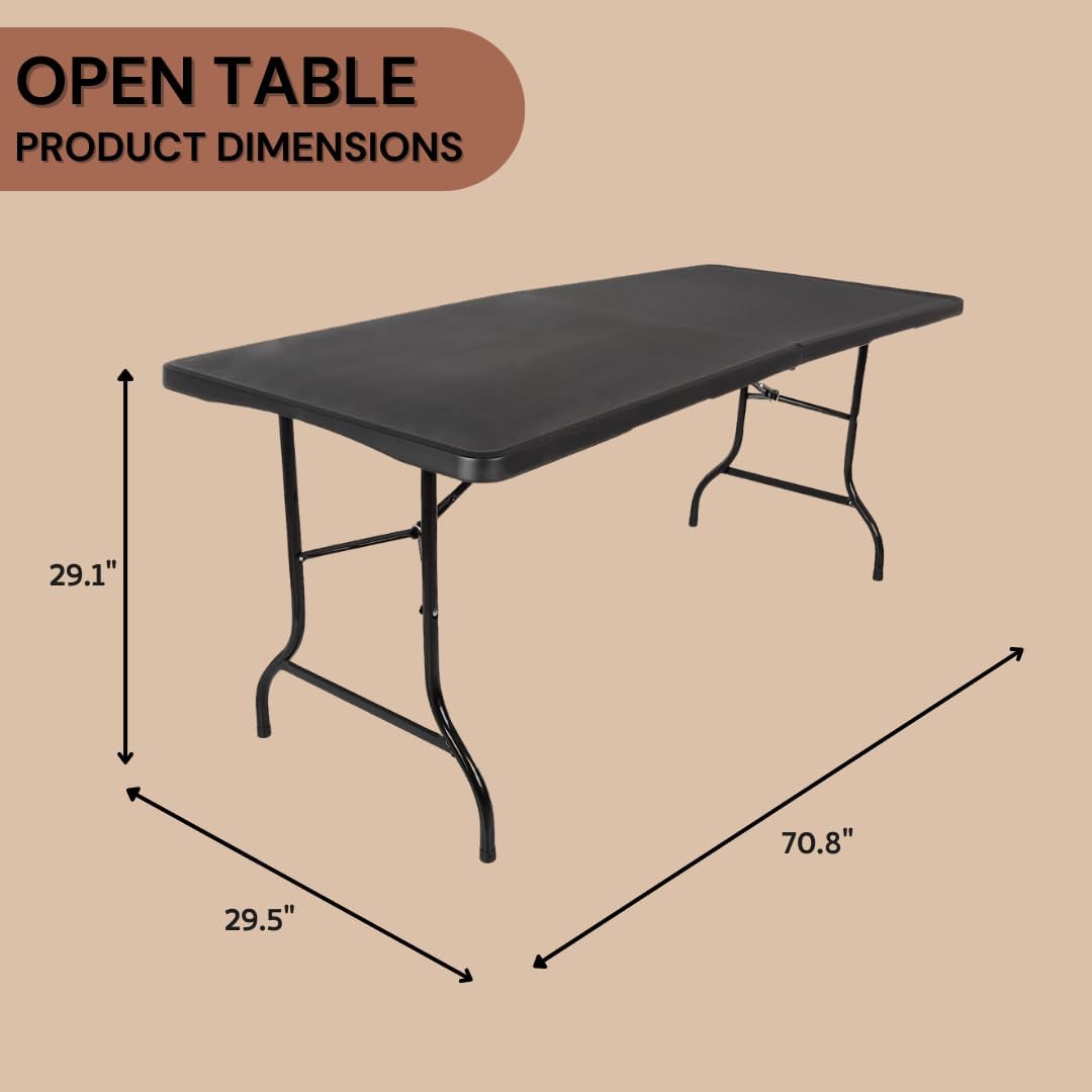6ft Plastic Folding Table, Fold-in-Half Portable Utility Table Heavy Duty Portable w/Handle, for Indoor Outdoor,Picnic, Party, & Camping (Black, 6ft)