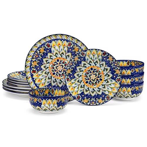 Image of vancasso 12 Pieces Dinnerware Sets, Blue Plates and Bowls Set, Porcelain Dishes Set for 4, Microwave and Dishwasher Safe, Scratch Resistant, Bohemian Style Dining Ware Service for 4, Series SIMI