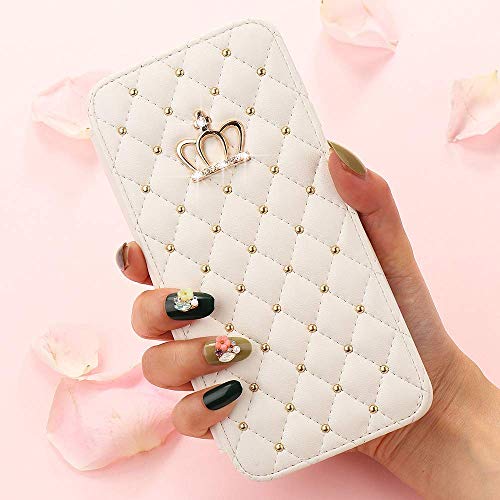 LCHULLE for Samsung Galaxy S21 Ultra 5G Wallet Case Premium PU Leather with Luxury Imperial Crown Pattern Folio Flip Case Bling Diamond Card Slots Kickstand Soft TPU Cover for Girls Women,White