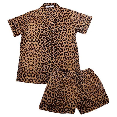 Women's Pajamas Set Leopard Ladies Sleepwear Sets Short Sleeve Girls Loungewear Nightgowns Pajamas for Women Shorts Set (leopard print, L) Cover
