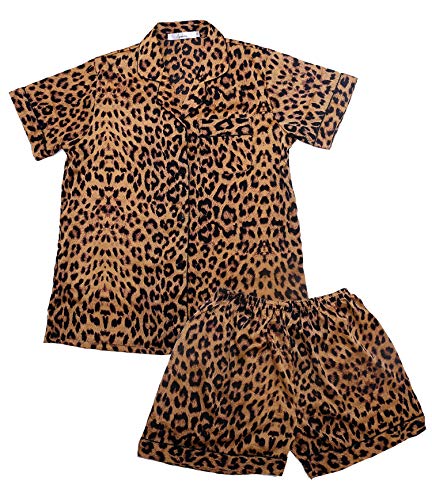 Women's Pajamas Set Leopard Ladies Sleepwear Sets Short Sleeve Girls Loungewear Nightgowns Pajamas for Women Shorts Set (Leopard Print, L)