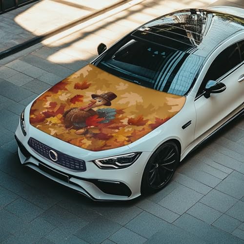 Image of 59x39 Inch Hood Cover for Compact Sedan SUV Trucks Stretchable Car Hood Wrap Blankets Auto Banner Waterproof Auto Exterior Accessories (Thanksgiving Maple Leaf Turkey Print)