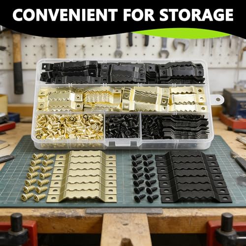 Image of 240Pcs Sawtooth Picture Hangers Metal Central Pressure Groove Black and Gold Zigzag Frame Hanger with Screws for Hanging Heavy Picture Canvas Paintings Photos Frame Board Clock Artwork Clipboard