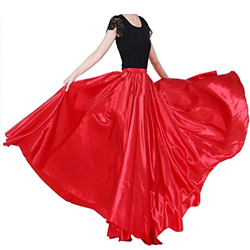 Backgarden Ladies 20 Yard Elegant Satin Long Full Skirt for Ballroom Belly Dance Performance Costume Dress Red