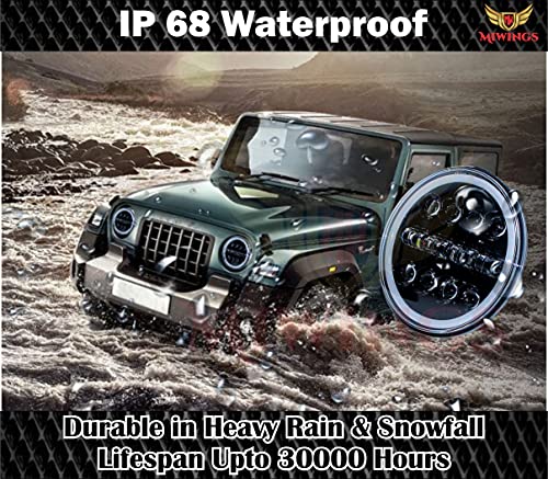 Image of Miwings 7 inch Round LED 4DR8CB Hi /Low Beam Amber & White Headlight 75W H4 Compatible with Royal Enfield, Jeep, Thar, motorcycle, Cars, Harley Davidson