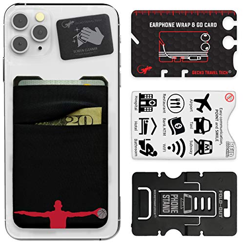 Image of Gecko Travel Tech Double Pocket - Adhesive Card Holder - Cell Phone Pouch - Stick on Lycra Pocket - Carry Credit Cards and Cash (Basketball)