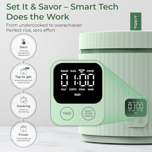 TOKIT Rice Cooker 1.5L Pro Reiskocher Klein Mini aber Multifunktionen mit Display-Touch-Taste für 1-3 Personen Keramisch beschichteter Antihaft-Innenreistopf(Grün)