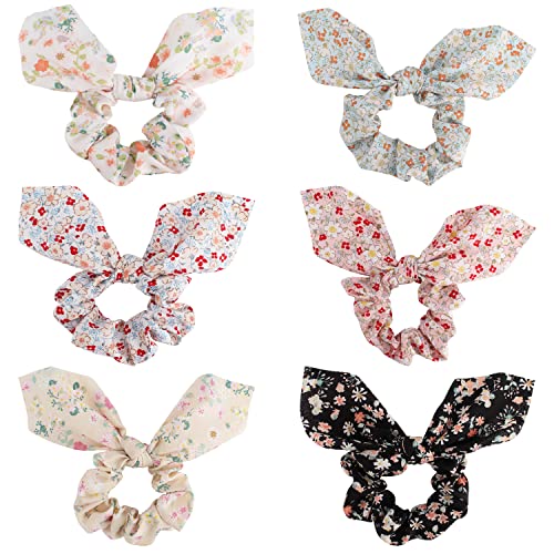Jaciya Hair Scrunchies With Bow Hair Ties Bunny Ear Bowknot Scrunchie Floral Girls Hair Accessories Hair Scrunchies For Women's Hair 6 Packs #TOP20