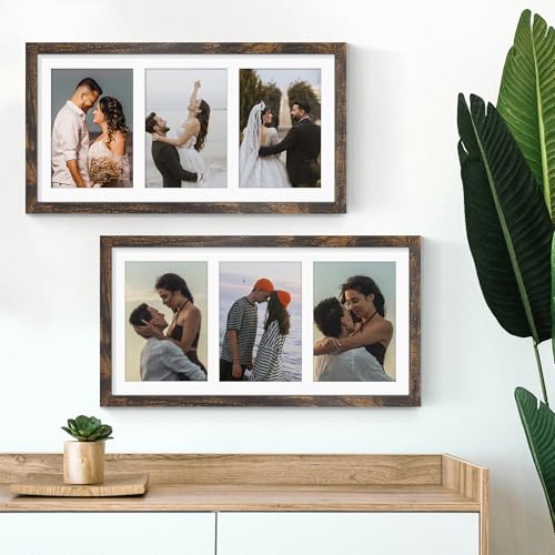 Image of DUENPY 8x16 Collage Picture Frame, 5x7 Collage Picture Frame Displays Three 5x7 inch Photos, or 8x16 (Without Mat) for Available Horizontal Wall Mounting Display and Vertical, Brown.