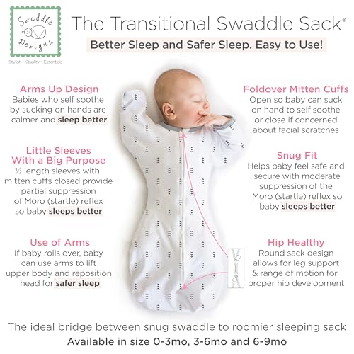 Image of SwaddleDesigns Transitional Swaddle Sack, Arms Up Half-Length Sleeves & Mitten Cuffs, Swaddle for Newborn Transition to Baby Sleep Sack Wearable Blanket, Medium, 3-6 month, 14-21 lb, Tiny Arrows
