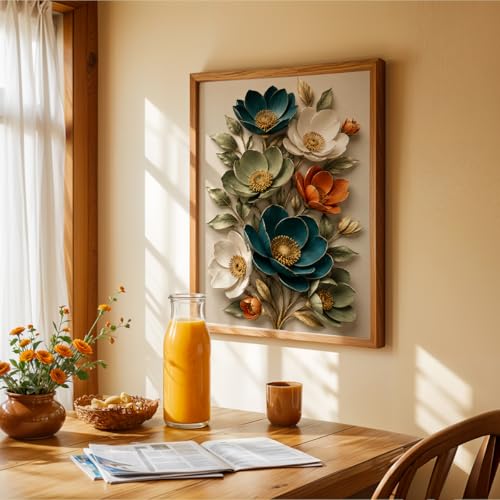 Image of NoWorries 3D Floral Wall Painting with Frame Set of 1 | Premium Textured Teal White Orange Flower Artwork, Luxury Botanical Nature Wall Decor for Living Room, Bedroom, Office and Home Decoration (3d Art-3,17x25inch)