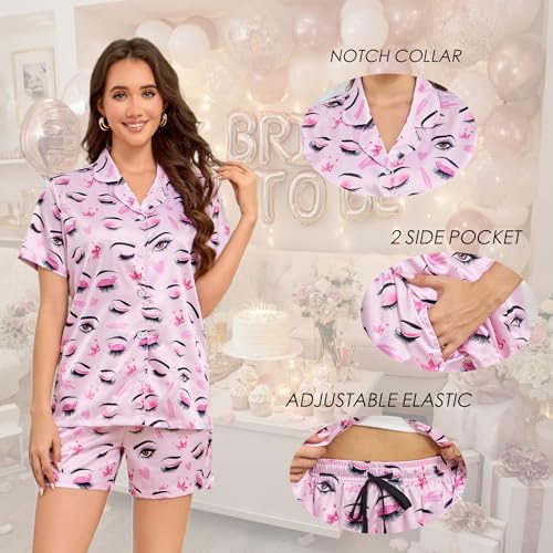 Image of Funny Satin Pajamas Set for Women Button Down Sleepwear Print Pjs Set 2 Piece Short Sleeve Loungewear Gift for Women