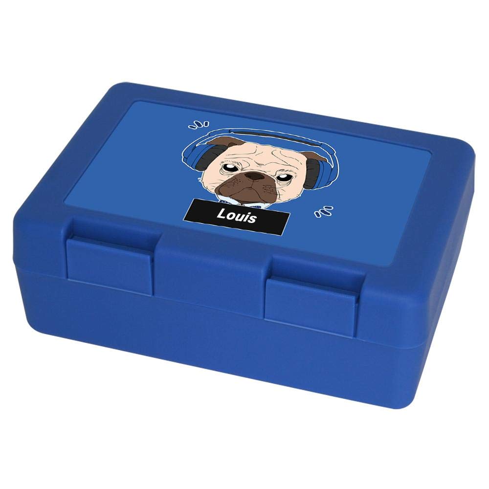 Brotdose Mit Namen Dennis – Mops Mit Kopfhörer Motiv, Blau, 185x128x65 Mm, Lebensmittelecht