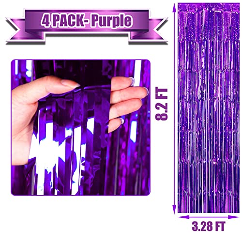 Image of 4 Pack Purple Foil Fringe Curtain Backdrop, 3.28Ft x 8.2Ft Metallic Tinsel Foil Fringe Streamer for Party, Photo Booth Props, Birthday, 2022 Graduation Decoration Party Supplies