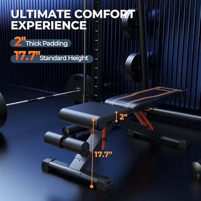 1000LBS Adjustable Weight Bench - Bonvork Foldable Workout Bench Press with 36 Extended Backrest for Home Gym Strength Training,Folding Flat Incline Bench with 80x40MM Steel for Full Body Exercise