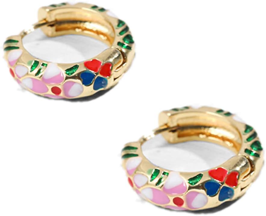 Vintage Enamel Flower Small Hoop Earrings Retro Japanese Style Flowers Ear Clip-on for Women Delicate Jewelry Mother's Day Gift (F green)