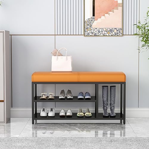 Banco de entrada con zapatero y banco de almacenamiento tapizado de 2 niveles para dormitorio y sala de estar con cojín de cuero sintético para el extremo de la cama en color negro