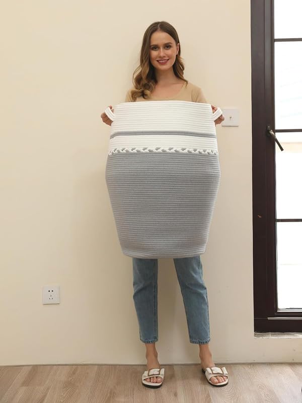 Image of Storage Cotton Rope Basket and Laundry Hamper for Dirty Clothes, Towels, Blankets, Pillows Storage in Living Room, Laundry Room and Bedroom (Grey White Zig Zag With Lid, 15x18 Inch)
