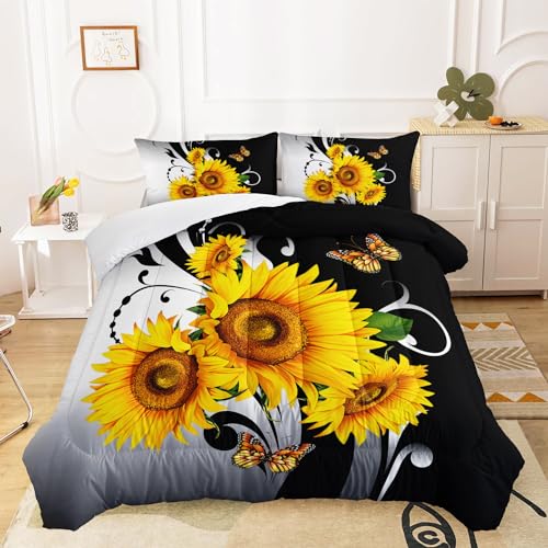 Image of AILONEN Black and White Floral Comforter Set Queen Size, Yellow Sunflower Bedding Set for Girls Kids Women,Soft Lightweight Microfiber Duvet Set 3 Piece All Season,1 Comforter with 2 Pillowcases