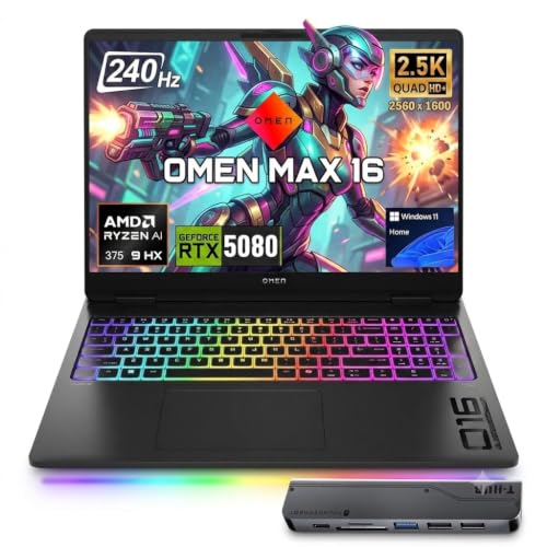 Image of HP Omen Max 16 inch 240Hz Ryzen AI 9 HX 375 & 5080 Gaming Laptop, 64GB + 2TB | WQXGA (2560 * 1600) IPS Display, Omen Tempest Cooling Pro, Per Key RGB, Numeric Keypad, RJ-45, HDMI, Wi-Fi 7, Win 11 Home