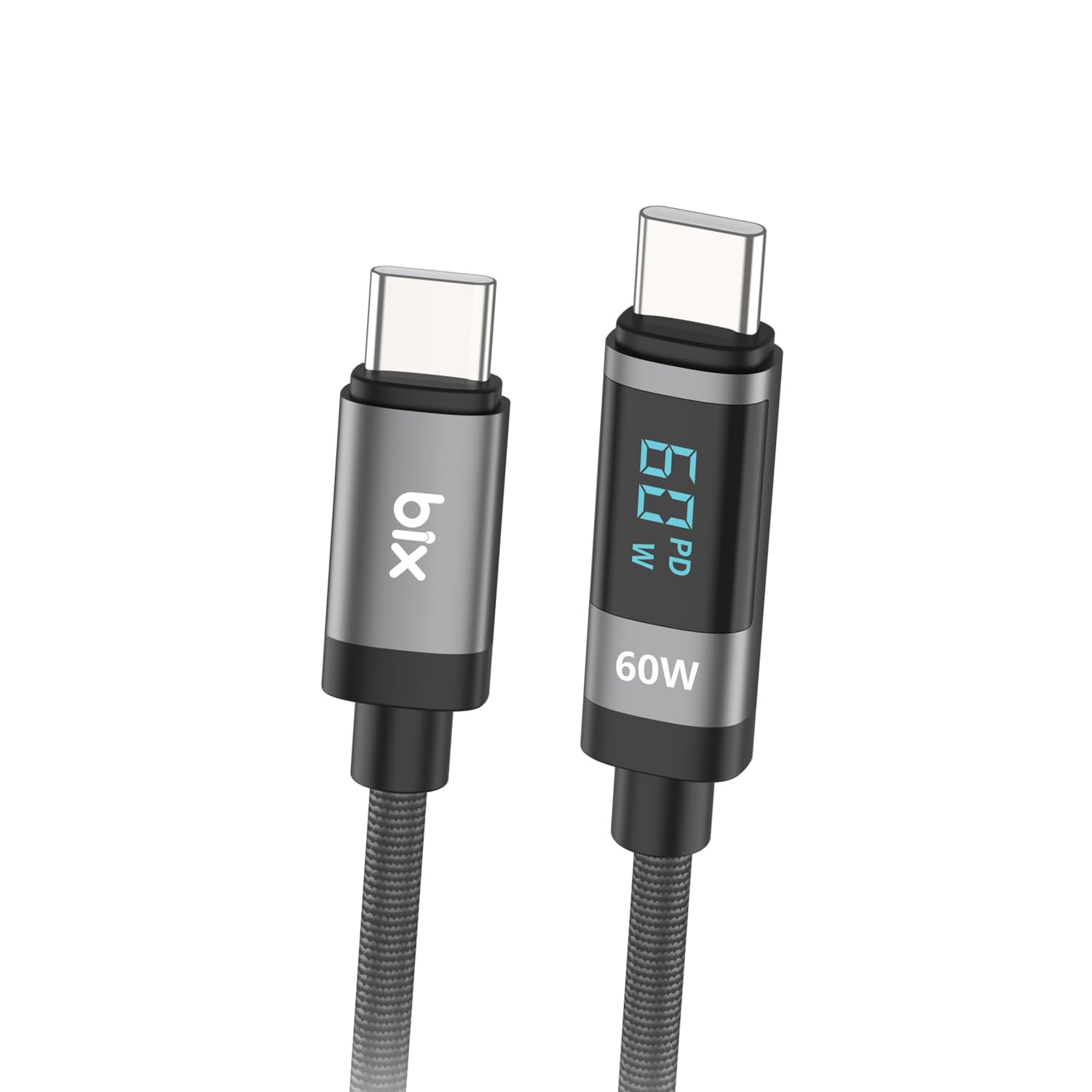 Bix Type-C to Type-C 60W Örgülü LED Dijital Ekranlı Şarj ve Data Kablosu 1 Metre