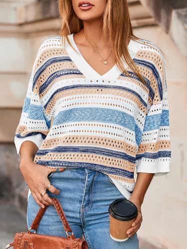 Image of Saodimallsu Womens Short Sleeve Sweaters V Neck Crochet Knit Striped Hollow Out Tops Beach Cruise Outfits