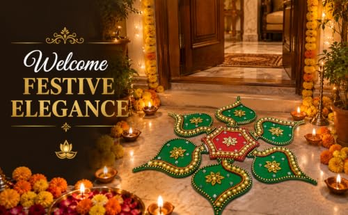 Image of Designer Decorative Handmade Acrylic Rangoli, Paan Design with Pearl and Floral Embellishments, Red and Green, Multi-Colour (R Paan 001) Floor and Wall Decor, Diwali Festive Decoration