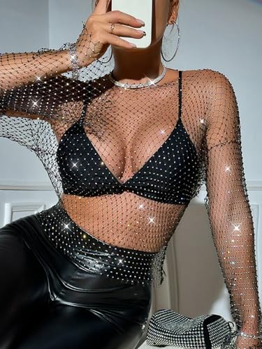 RAMOUG Women's Rhinestone Mesh Crop Top Fishnet Shirt Bikini Cover Up4