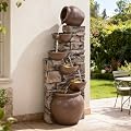 Fyround 45 Inch Brown 5-Tier Cascading Stacked Stones Clay Pot Outdoor Water Fountain with LED Light & Pump, Garden Patio Porch Backyard Home Art Decor