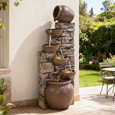 Fyround 45 Inch Brown 5-Tier Cascading Stacked Stones Clay Pot Outdoor Water Fountain with LED Light & Pump, Garden Patio Porch Backyard Home Art Decor