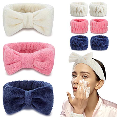 9 Pieces Microfiber Bowtie Headbands and Wrist Washbands, Makeup Headbands Wash Spa Yoga Sports Shower Facial Adjustable Hair Band for Women Girls (Pink, White, Blue)