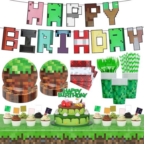 183Pcs Pixel Birthday Party Decorations Pixel Game Theme Party Supplies Kit Including Banner Tablecloth Plates Napkins Cups Forks Cake Toppers Drinking Straws Serves 24 Guests