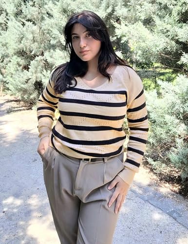Image of Zeagoo Womens Sweaters Fall Trendy Casual Long Sleeve Shirt Lightweight V Neck Off Shoulder Crochet Pullover Top Outfit