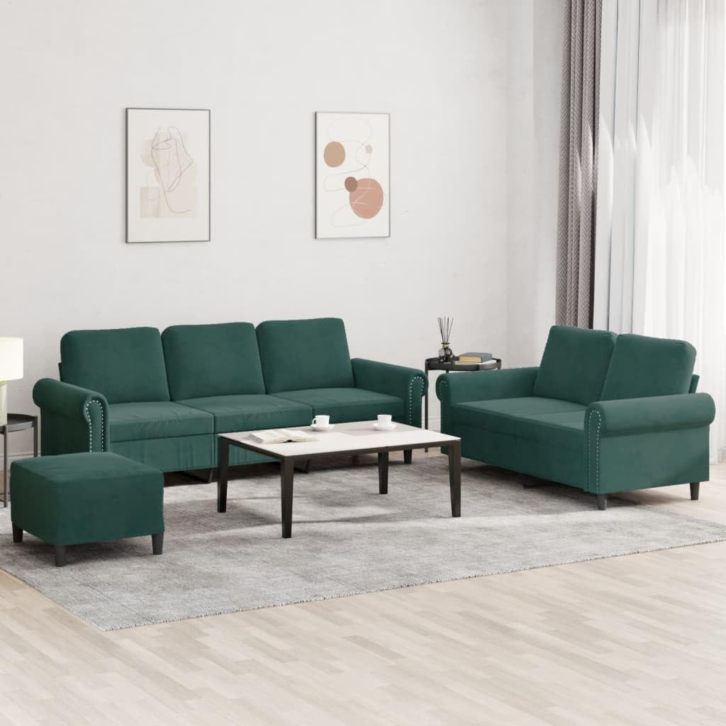 Divano 3 pezzi in velluto verde scuro con 2 posti, divano a 3 posti e poggiapiedi, divano moderno da soggiorno, divano multiuso salvaspazio per sedersi e rilassarsi comodamente