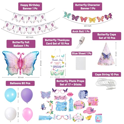 Image of Party Propz Butterfly Theme Birthday Decoration Kit - 132 Pcs, Multicolor Balloons, Butterfly Foil Balloon, Banners, Caps, Thank You Cards & Photo Props, Pink Theme Decorations for Girls