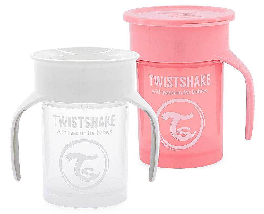 Twistshake 2X 360 Cup | Baby Sippy Cup with 360° Drinking Rim - 230ml | Children's Learning Cup with Handles | Non-Spill Toddler Sippy Cup | BPA-Free | Training Sippy Cup for Kids 6m+ | White Pink