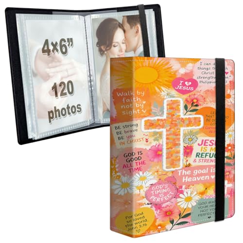 Image of Photo Album 4x6 120 Photos with Strong Elastic Band, Floral Faith Collage | Large Capacity Premium Leather Picture Album, Portable Wallet Albums Photo Book for Family Anniversaries Wedding Baby