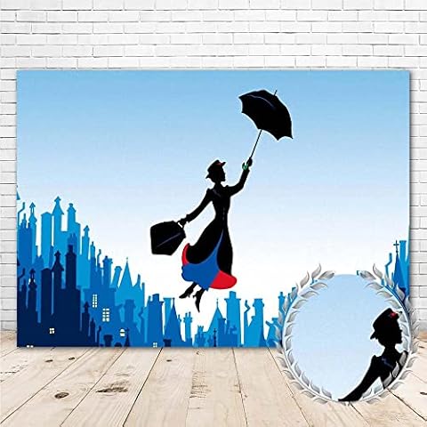 Colorwonder Mary Poppins Birthday Decorations Banner 7x5 City Silhouette Elegant Woman Mary Poppins Tea Party Background for Wall Decor Vinyl Mary Poppins Birthday Backdrop for Girl Cover